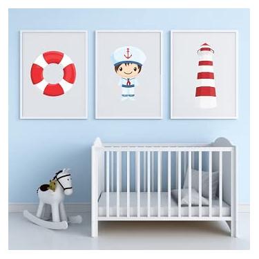 Imagem de 3 Quadros Decoração Quarto Bebe Marinheiro Com Moldura 20x30 cm
