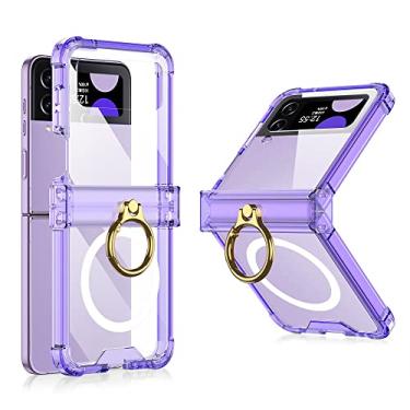 Imagem de Para Samsung Galaxy Z Flip 4 Estojo magnético de carregamento sem fio Suporte de anel transparente Dobradiça dobrável Capa traseira à prova de choque, Roxo, Para Galaxy Z Filp 4
