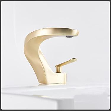 Imagem de Torneiras de lavatório ouro escovado torneira misturadora de latão montagem no convés simples guindaste torneira misturadora de água quente fria, ouro escovado