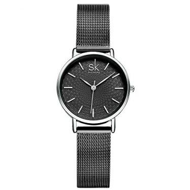Imagem de Relógio feminino elegante de malha com pulseira Shengke Simplicity de malha elegante relógios femininos relógio de pulso casual feminino, K0099L-BLACK