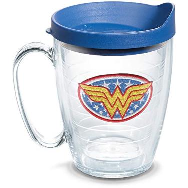 Imagem de Tervis DC Comics Emblema da Mulher Maravilha Feito nos EUA Copo de Viagem com Isolamento de Parede Dupla Mantém Bebidas Frias e Quentes, Caneca de 473 ml, Tampa Azul