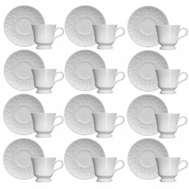 Imagem de Conjunto 12 Xícaras de Chá com Pires 80ml Porcelana em Relevo Tassel Germer Branco
