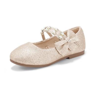 Imagem de Pandaninjia Sapatilha de bailarina floral princesa com laço de cerejeira para bebê/criança pequena pérola com alça dupla vestido de balé plana Mary Jane, Gold Glitter, 2 M US Little Kid