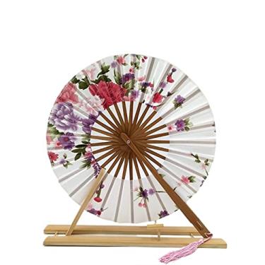 Imagem de Leque dobrável japonês Sakura flor bolso ventilador de mão dobrável círculo redondo decoração de festa presente moinho de vento ventilador dobrável de bambu acessórios decorativos feitos à mão (cor: 07)