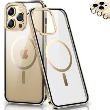 Imagem de Capa Case Bumper Bamper Para iPhone 14 Pro Max Transparente Acrílico Compatível com Carregamento Magnético Slim Anti Impacto Com Películas Para Lente de Câmera (Dourado)