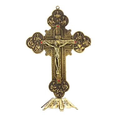 Imagem de KENANLAN Crucifixo de bronze estilo vintage com base estável, arte de mesa decorativa vermelha incrustada, presente católico perfeito ou ornamento de crucifixo