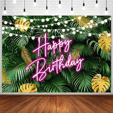 Imagem de Sensfun Pano de fundo de folhas de palmeira tropicais havaianas, feliz aniversário, Aloha Luau, rosa, néon, aniversário, selva, folhas verdes, para adultos, 30º 40º 50º aniversário, decorações para