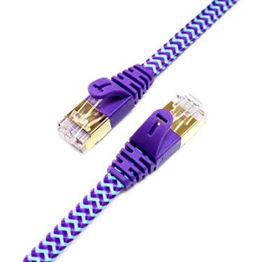 Imagem de Tera Grand – Cabo de patch Ethernet premium CAT7 blindado duplo 10 Gigabit 600 MHz para rede LAN de roteador de modem – Construído com conectores RJ45 banhados a ouro e blindados, Purple & Blue - Braided - Flat, 12 FT