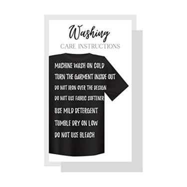 Imagem de Cartão de instruções de lavagem para camisetas personalizadas, camisas de suor, bolsas de tecido | Pacote com 50 | Para SVG, sublimação, vinil prensado, serigrafia | Branco com design de camiseta