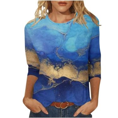 Imagem de Camiseta feminina de verão com gola redonda, caimento solto, estampada, casual, elegante, túnica, Azul, P