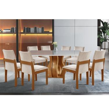 Imagem de Conjunto Sala De Jantar Mesa Nuance Tampo Vidro/Mdp Com 8 Cadeiras Castanho Cinamomo/Bege
