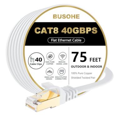 Imagem de Cabo Ethernet Cat8 plano BUSOHE de 22,8 m, 40 Gbps, 2000 MHz, de alta velocidade com conector RJ45 banhado a ouro, cabo de rede LAN com 40 clipes para roteador/jogos/computador, S/FTP