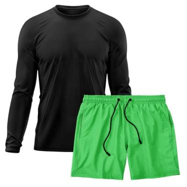 Imagem de Kit Short Praia Academia Passeio Treino Verde + Manga Longa Masculina Segunda Pele Dry-Masculino