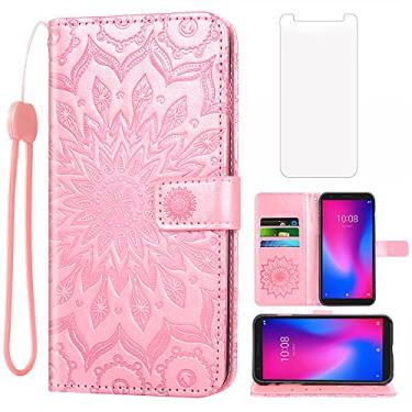 Imagem de Asuwish Capa de telefone para ZTE Avid 579 / ZTE Blade A3 2020 Capa carteira com protetor de tela de vidro temperado e couro de girassol fina com suporte para cartão acessórios femininos ouro rosa