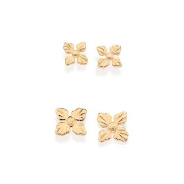 Imagem de Kit 2 brincos rommanel banhado ouro 3x 24k 18k e 22k feminino flor peq