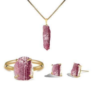 Imagem de Conjunto Natura Turmalina Rosa - Cristal Natural, Prata 925
