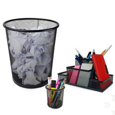 Imagem de Kit Organizador, Porta Caneta e Lixeira Preto Escritório - Markys Stor
