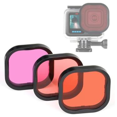 Imagem de GEPULY Pacote com 3 filtros de mergulho para GoPro Hero 8 9 10 11 12 capa oficial à prova d'água (vermelho, vermelho claro, filtros magenta) - correção de cor em mergulho profundo/mergulho com
