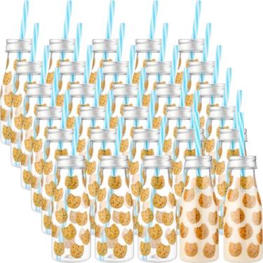 Imagem de Yungyan 30 garrafas de leite de plástico com tema de cookies com canudos e tampas transparentes de 227 g mini garrafas de suco com tampa, pote pequeno para laticínios e 450 etiquetas adesivas para