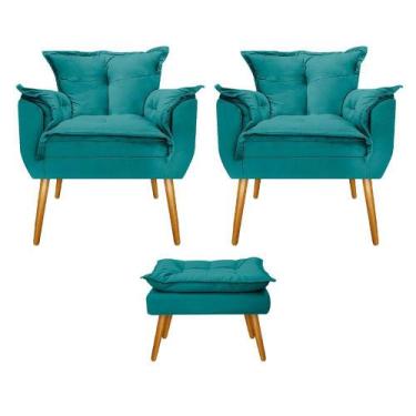 Imagem de Kit 02 Poltronas e Puff Opala Palito Mel Suede Azul Turquesa - DAMAFFÊ