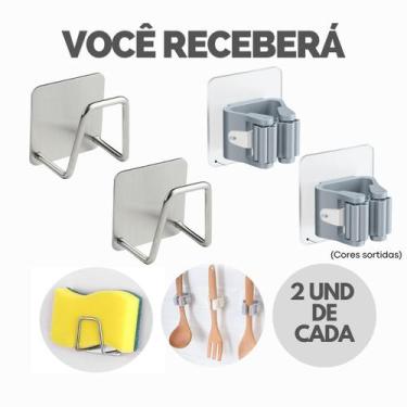 Imagem de Kit Suporte Porta Esponja Bucha Inox Gancho Adesivo Organizador - Esco