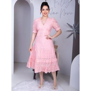 Imagem de Vestido Midi Lese Bordado Festa Madrinha com Manga Curta Sofisticado -