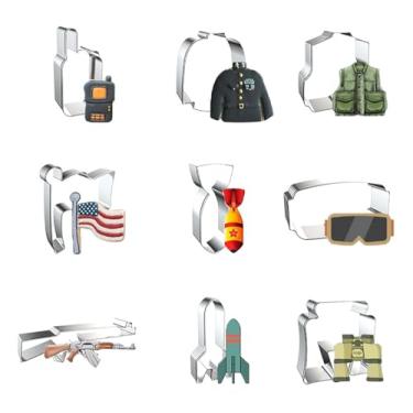 Imagem de ZDYWY Conjunto de 9 peças de cortadores de biscoito militares – Walkie Talkie uniforme militar colete tático bandeira bomba, óculos militares, rifle, míssil, binóculos militares - b