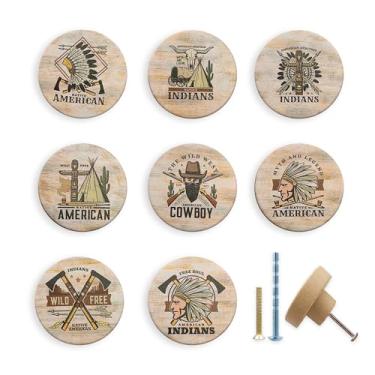 Imagem de JamJam Conjunto de 8 puxadores e puxadores redondos de 3,5 cm (1-4/12.3 cm) com silhueta de caubói do oeste selvagem ocidental e rústico de madeira para armário de cozinha