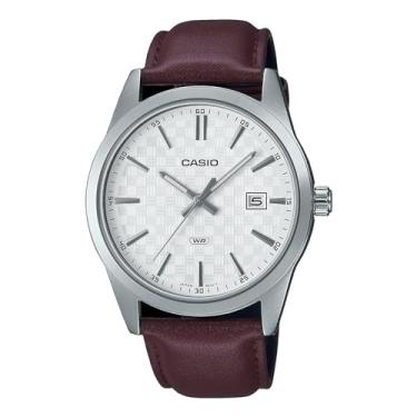 Imagem de Casio MTP-VD03L-5A Relógio analógico masculino padrão de couro marrom com mostrador branco, 3 ponteiros, Branco, Relógio analógico, movimento de quartzo