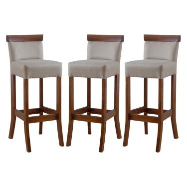 Imagem de Kit 3 Banquetas Alta com Encosto Estofado Diamantina em Madeira Maciça Imbuia Linho Bege M58 RMI