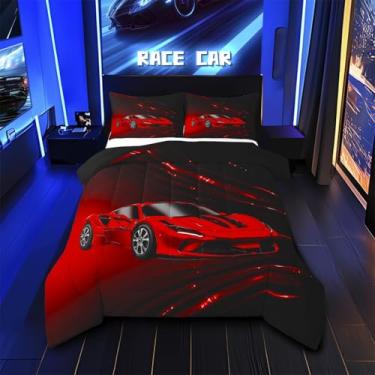 Imagem de Feelyou Conjunto de cama Queen com carro de corrida vermelho, para crianças, adolescentes, adultos, velozes e furiosos, conjunto de edredom ombré, vermelho, 3 peças