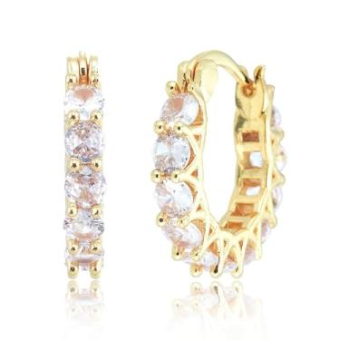 Imagem de RIZILIA Brincos de argola banhados a ouro 18 quilates para mulheres, brincos de argola coloridos de zircônia cúbica com corte redondo, joia moderna, presente para mulheres, 20 mm, Medium, Latão,