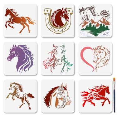 Imagem de MAYJOYDIY 9 peças de estênceis de pintura de coração de cavalo, 14 x 14 cm, estênceis reutilizáveis de casco de ferradura, modelos de estêncil de desenho de natureza animal, com pincel de tinta, para