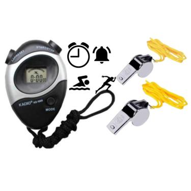 Imagem de Cronômetro Digital Profissional e 2 Apitos Metal Profissional Com Cordão