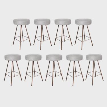 Imagem de Kit 09 Banqueta Alta Laisa Industrial Redonda Cozinha Bar Balcão Bistrô Ferro Bronze Suede Cinza - Ahz Móveis