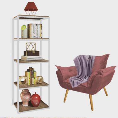 Imagem de Kit Poltrona Fatte com Manta Soft Lilás e Estante Livreiro Ferro Branco mdf Carvalho Suede Rose Gold - Ahz Móveis