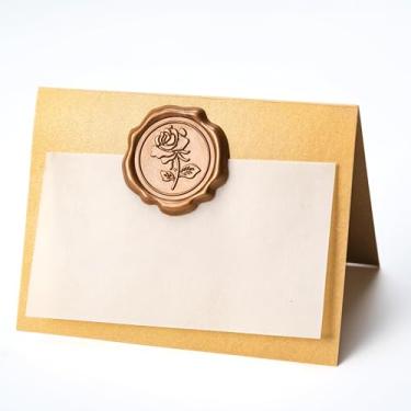 Imagem de Parvigo Pacote com 25 cartões de nome dourados para configuração de mesa, cartões de lugar com adesivo de selo de cera rosa bronze para casamento, barraca de mesa dourada, cartolina, decoração feita à