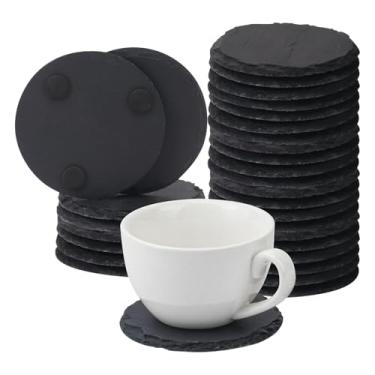 Imagem de Pacote com 30 porta-copos redondos de ardósia de 10 cm, porta-copos de pedra preta com fundo antiarranhões, ideal para decoração de casa, bar, presentes de inauguração de casa e gravação a laser