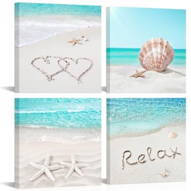 Imagem de VANSEEING Arte de parede de praia impressões em tela estrela do mar concha amor coração imagens banheiro decoração de parede 12"x12"x4pcs