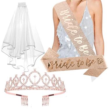 Imagem de CIEHER Coroa de cristal + faixa de noiva + conjunto de véu de casamento, decorações de despedida de solteira, 1 Count (Pack of 3), Tecido Strass