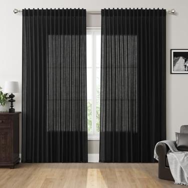 Imagem de Cortinas de linho extra largas de 250 cm para divisória de sala de estar, filtro de luz, semitransparente, com aba traseira, cortinas de pátio para porta deslizante, preto, decoração costeira, sala de