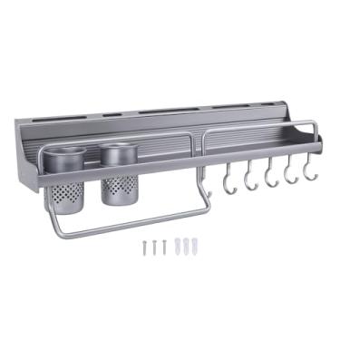 Imagem de plplaaoo Rack de utensílios de parede de cozinha, prateleira de armazenamento de liga de alumínio, organizador de pendurar na parede com cestas duplas de pauzinhos para economia de espaço, acabamento