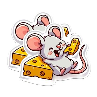 Imagem de (Pacote com 2) Adesivos de Rato Comendo Queijo Rindo - Decalques de Queijo Rato Rindo - 5 polegadas no lado mais longo - Decalque de vinil premium - Cola em qualquer superfície plana lisa - Feito nos