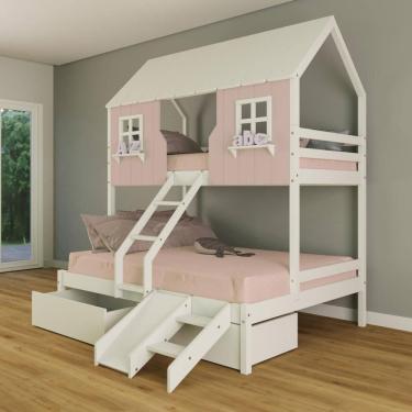 Imagem de Beliche Casal/ Solteiro Casinha Encantada com 02 Gavetas Kit Escada/ Escorregador Madeira Maciça Rosa/ Branco Housin