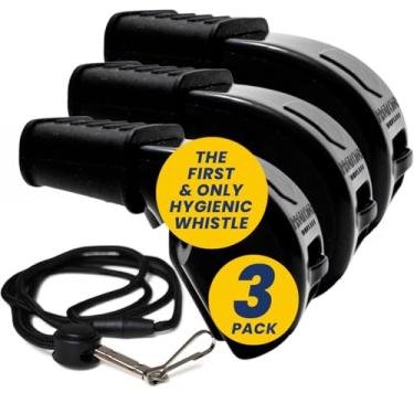 Imagem de The Protector Whistle Pacote com 3 P51 Preto - Apito Clássico de Treinador com Cordão - Apito Oficial para Esportes, Apito de Segurança Alto para Adultos - Cordão Breakaway - Apito de Futebol