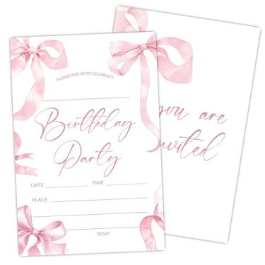 Imagem de Convites de aniversário rosa, convite de festa de aniversário de laço rosa, preencha o convite com envelopes, 20 cartões com 20 envelopes, lembrancinha e decoração de festa de aniversário (10 x 15 cm