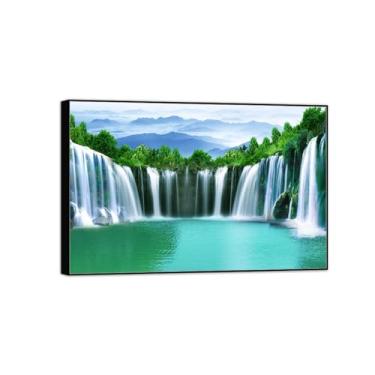 Imagem de MUHJDYC Paisagem quadros arte mural - lago cascata árvores - natureza impressões em tela - moldura preta imagem decoração sala de estar modernos 120 x 80 cm