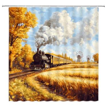Imagem de YSSFAV Cortina de chuveiro rústica country com motor a vapor vintage trem ferroviário outono cenário decoração banheiro decoração conjunto com ganchos, 177,8 cm L x 177,8 cm A