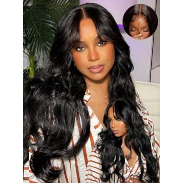 Imagem de Sunber Bye Knots 7X5 Lace Front Sem Cola Fluffy Natural Loose Wave Curtain Bangs Peruca De Cabelo Humano Densidade 180% Pré-Selecionada Invisível Tudo 3S Pronto Para Usar 28 Polegadas