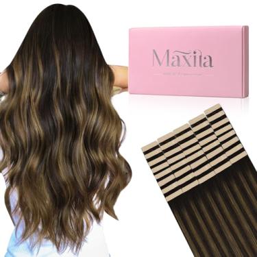 Imagem de MAXITA Extensões De Cabelo Humano Com Fita Adesiva, Balayage, Castanho Escuro A Castanho, 20" 100G, 40 Unidades, Natural, Remy, Liso